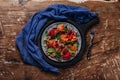 top view of delicious salad with mussels and vegetables on wooden Royalty Free Stock Photo